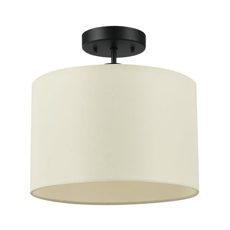 Globe Electric Jonas 1-Light Matte Black Flush Mount Ceiling Light with Beige Linen Shade  69993