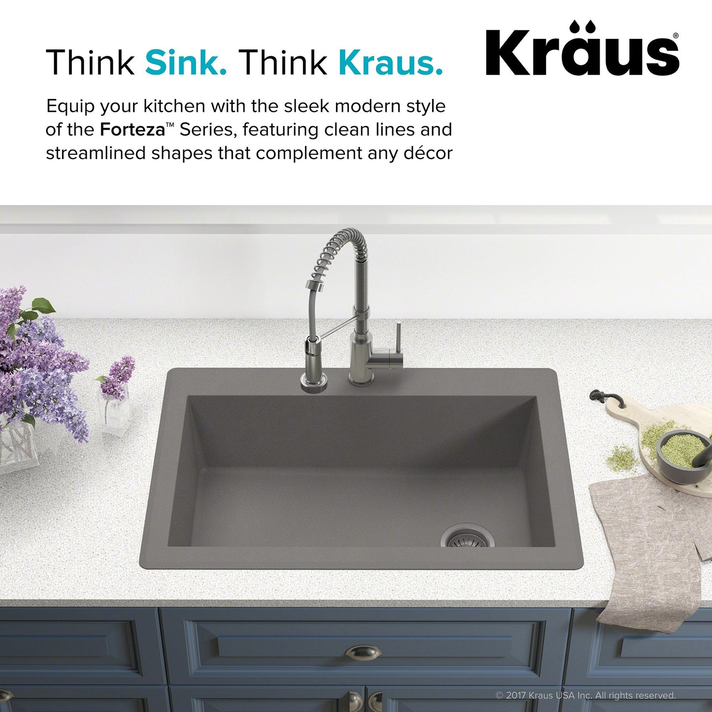 Kraus Forteza™ 33” Dual Mount Single Bowl Black Granite Kitchen Sink (Grey)