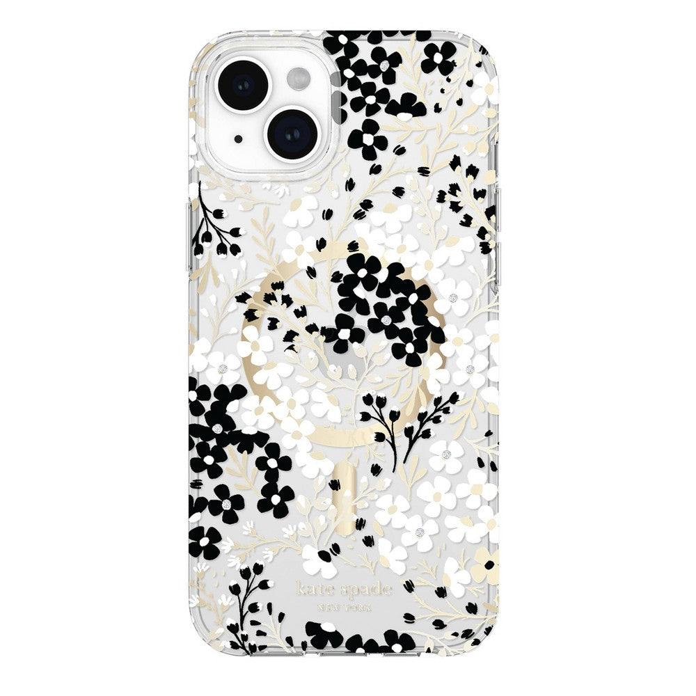 Kate Spade New York Apple iPhone 15 Plus/iPhone 14 Plus Protective Case with MagSafe - Black & White Floral with Gems