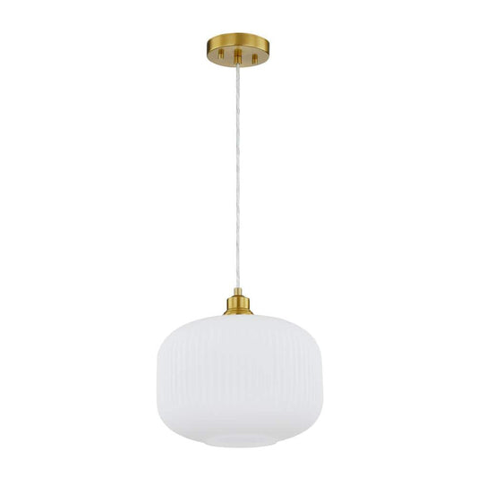 Doris 60-Watt 1 Light Aged Brass Standard Mini Pendant Light with Opal Etched Ribbed Glass Shade, No Bulbs Included