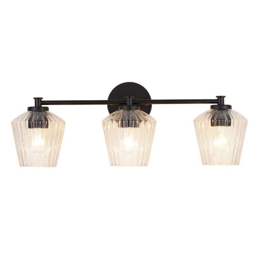 24 in. 3-Light Black Vanity Light with Clear Ribbed Glass Shade