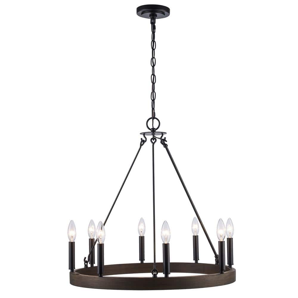 8-Light Black and Faux Wood Wagon Wheel Chandelier Light Fixture