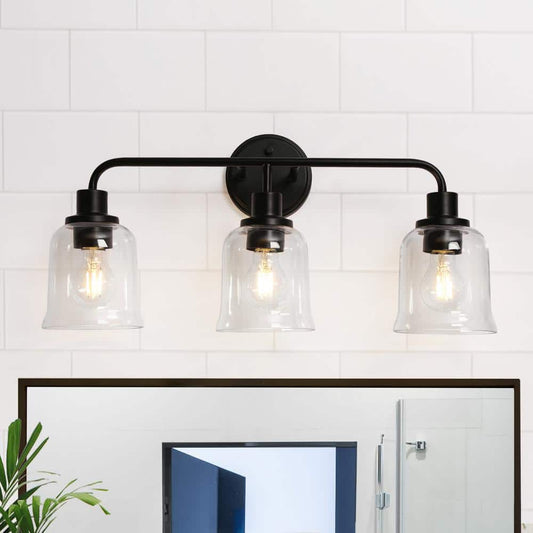 LNC 22.8-in 3-Light Matte Black and Clear Glass LED Contemporary/Modern Vanitt Light for Dressing Room  Powder Room