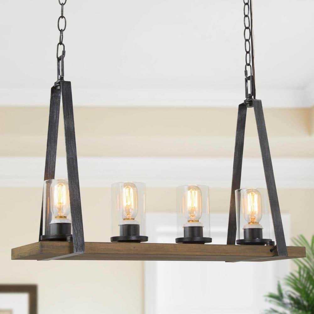 Farmhouse Wood Island Chandelier 4-Light Brushed Black Linear Rustic Pendant Light with Cylinder Clear Glass Shades