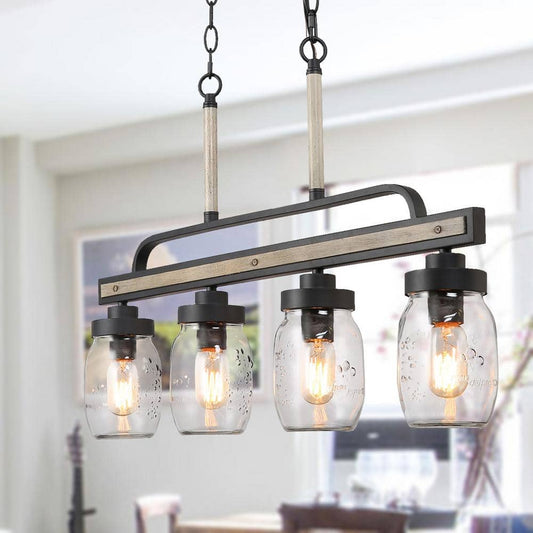 Modern Farmhouse Greyish Black 4-Light Linear Chandelier with Faux Wood Accent Island Pendant with Mason Jar Glass Shade