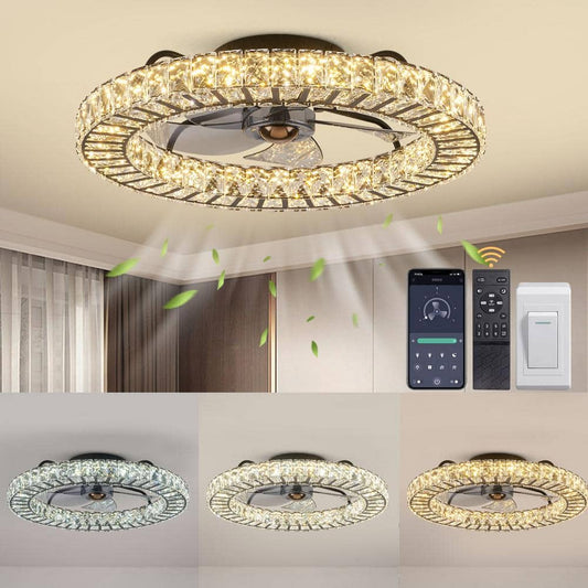 22 in. LED Indoor White Crystal Ceiling Fan with Modern Light White Flush Mount Fan for Bedroom