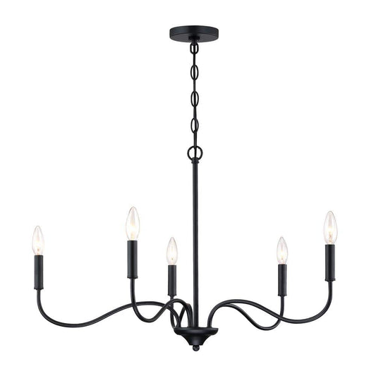 5-Light Matte Black Candle Minimalist Living Area Hanging Chandelier with Bare Bulbs