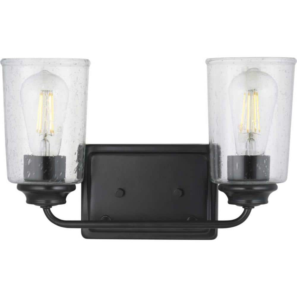 Evangeline 13-5/8 in. 2-Light Matte Black Vanity Light with Seeded Glass Shades