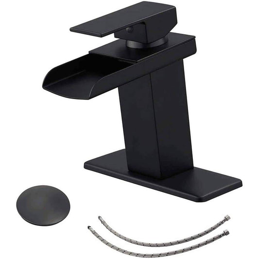 Single-Handle Single-Hole Brass Waterfall Bathroom Sink Faucet with Pop Up Drain Kit and Deckplate in Matte Black