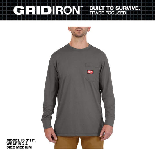 Men's X-Large Gray GRIDIRON Cotton/Polyester Long-Sleeve Pocket T-Shirt