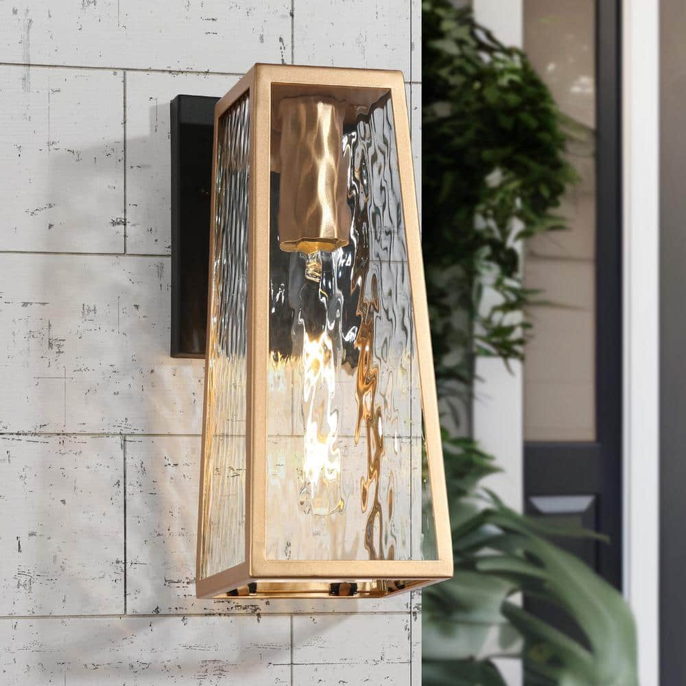 Modern Outdoor Wall Sconce 1-Light Satin Gold and Textured Black Outdoor Wall Lantern with Water Glass Shade