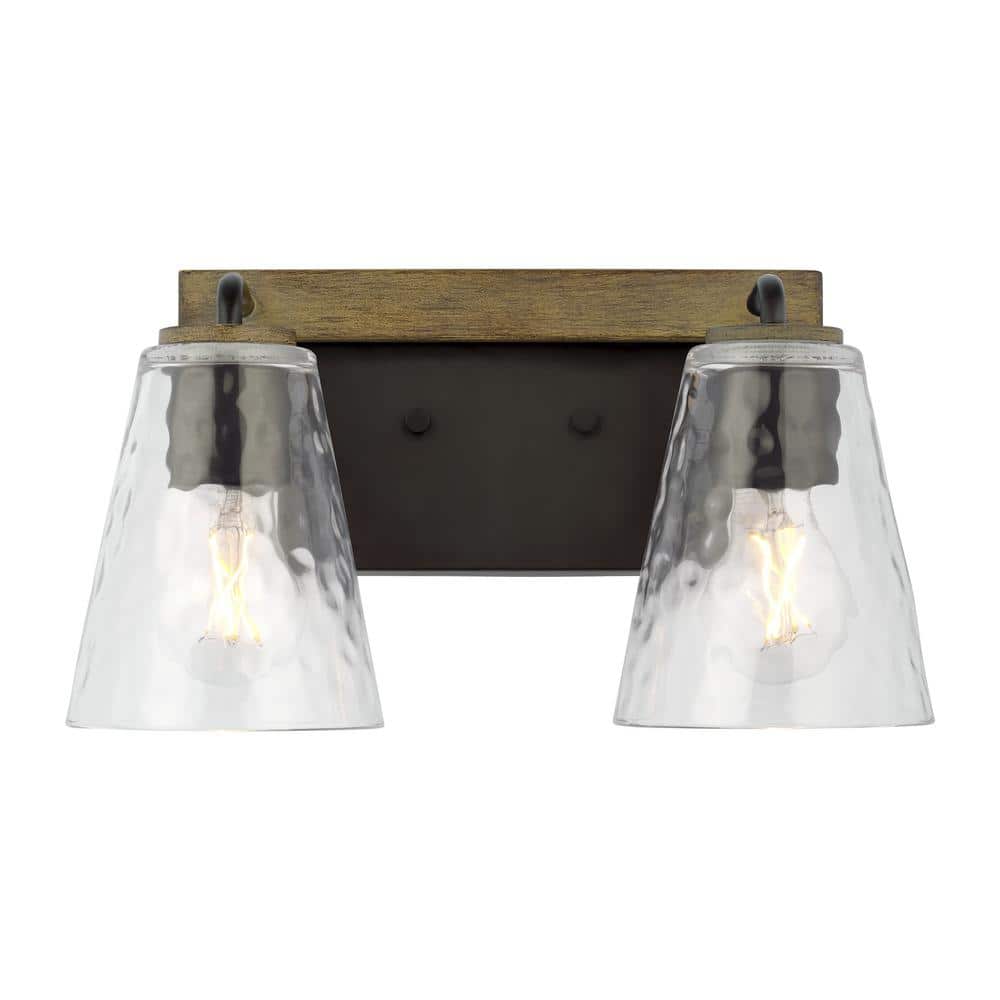 Home Decorators Collection Westbrook 2-Light Weathered Oak Rustic Farmhouse Bathroom Vanity Light with Matte Black Accents