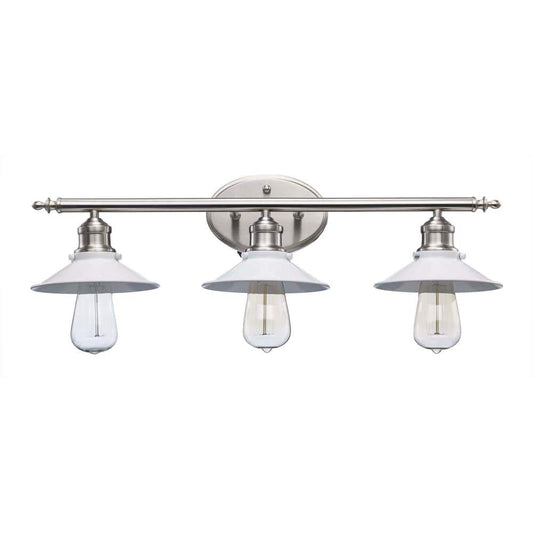 Glenhurst 25 in. 3-Light Industrial Farmhouse White and Brushed Nickel Bathroom Vanity Light Fixture with Metal Shades