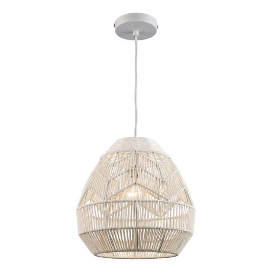 1-Light White Rope Basket Pendant Light Fixture with Woven Shade