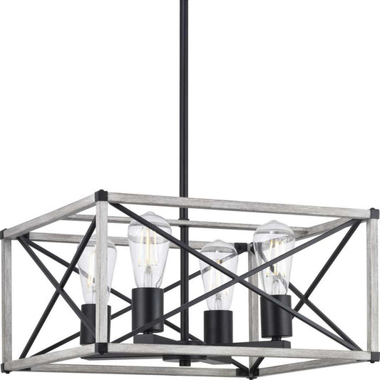 Hampton Bay Madison Landing 4-Light Caged Matte Black Rectangular Pendant Hanging Light with Washed White Farmhouse Wood Accents