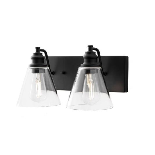 Hampton Bay Manor 15.3 in. 2-Light Matte Black Industrial Bathroom Vanity Light with Clear Glass Shades