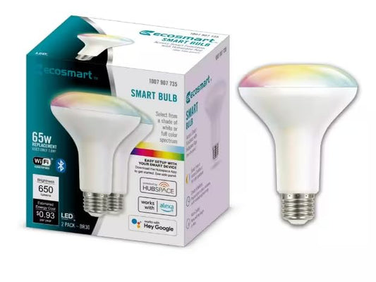 ECOSmart Alexa Smart Bulb BR30 65W Replacement Dimmable LED Light RGB Bulb. 2-Pack Color Changing