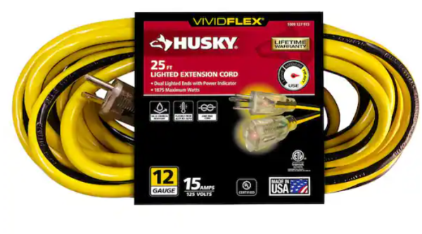 VividFlex 25 ft. 12/3 Heavy Duty Indoor/Outdoor Extension Cord with Lighted End, Yellow