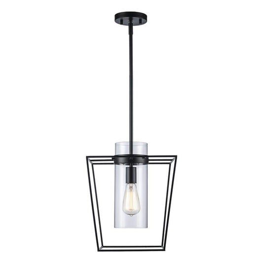 Monteaux Lighting 12 in. 1-Light Black Pendant Light Fixture with Clear Glass Cylinder Shade