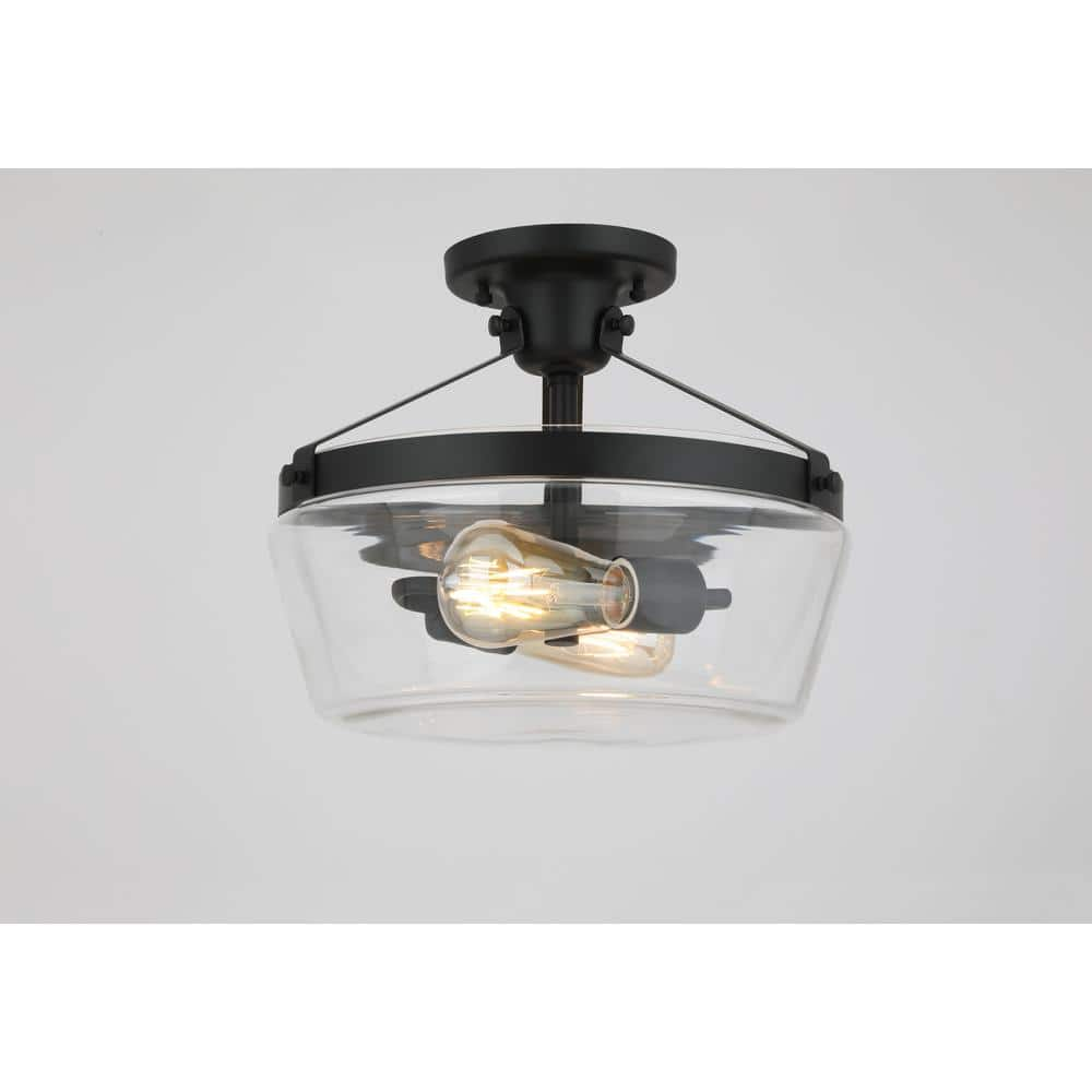 Luminosa 13 in. W 2-Light Matte Black Semi-Flush Mount Clear Glass