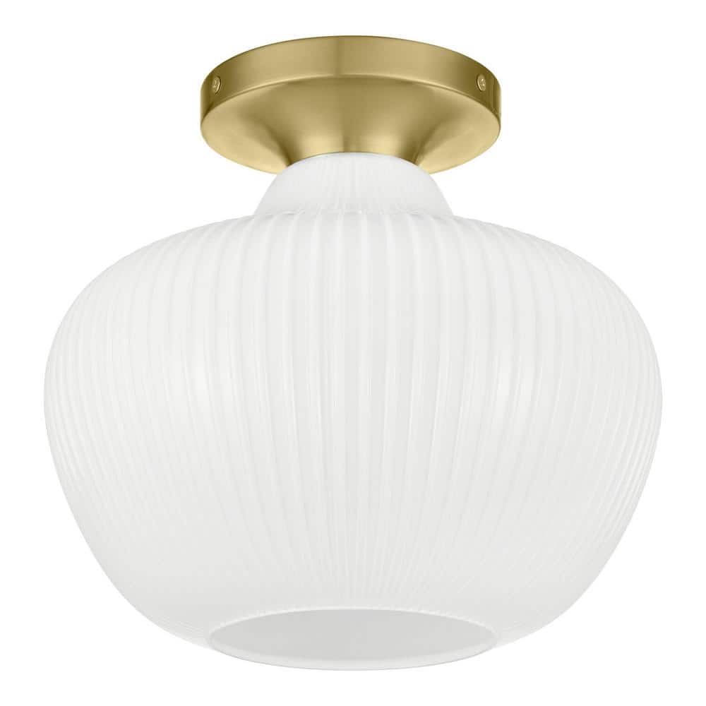 Home Decorators Collection Pompton 12 in. 1-Light Gold Semi-Flush Mount Ceiling Light Fixture with White Ribbed Glass