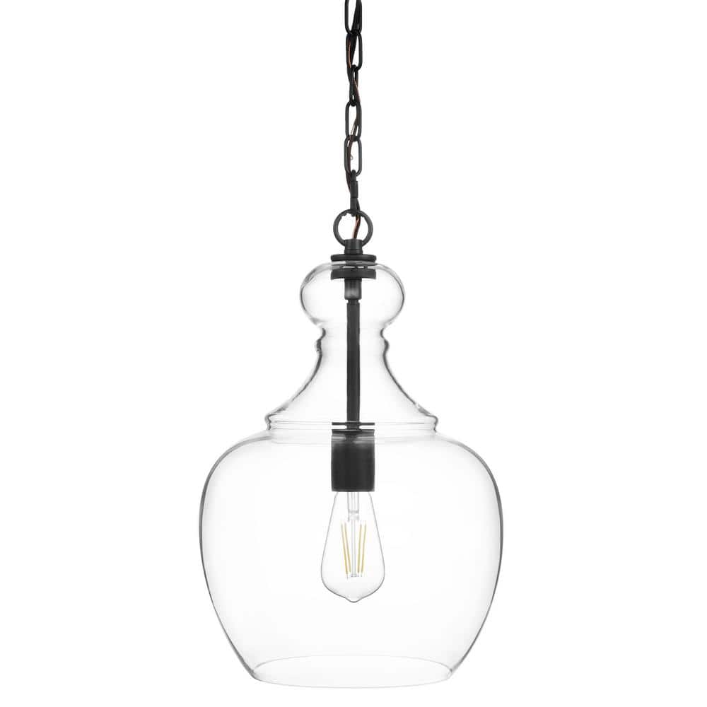 Home Decorators Collection Bakerston 1-Light Matte Black Hanging Pendant with Clear Glass Shade