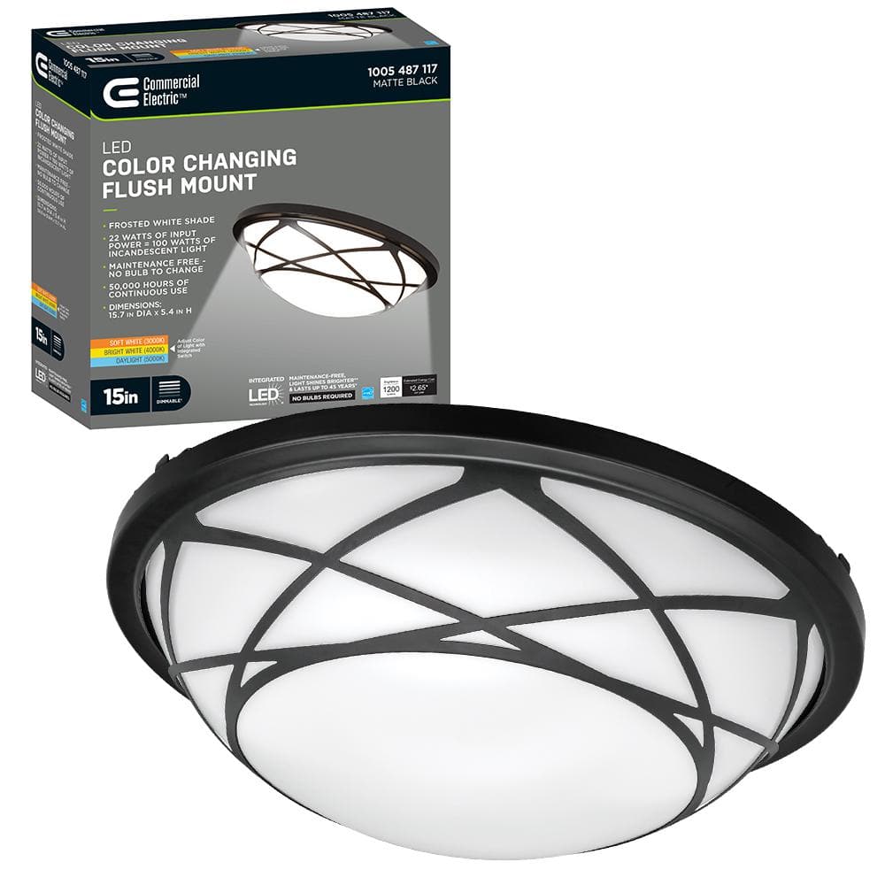 Commercial Electric 15 in. Entryway Light 3000K 4000K 5000K LED Flush Mount Ceiling Light Fixture W/ Matte Black Finish 1200 Lumens